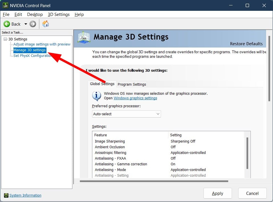 Открытое меню управления NVIDIA на рабочем столе