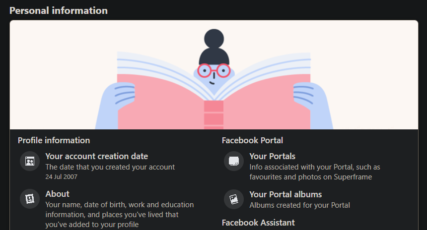 Страница «Личная информация» в настройках Facebook с указанием даты создания аккаунта