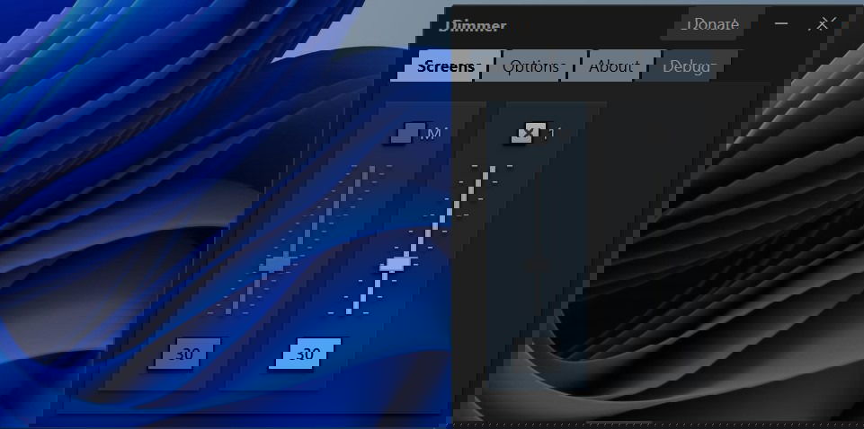 Интерфейс приложения Dimmer для дополнительного затемнения экрана