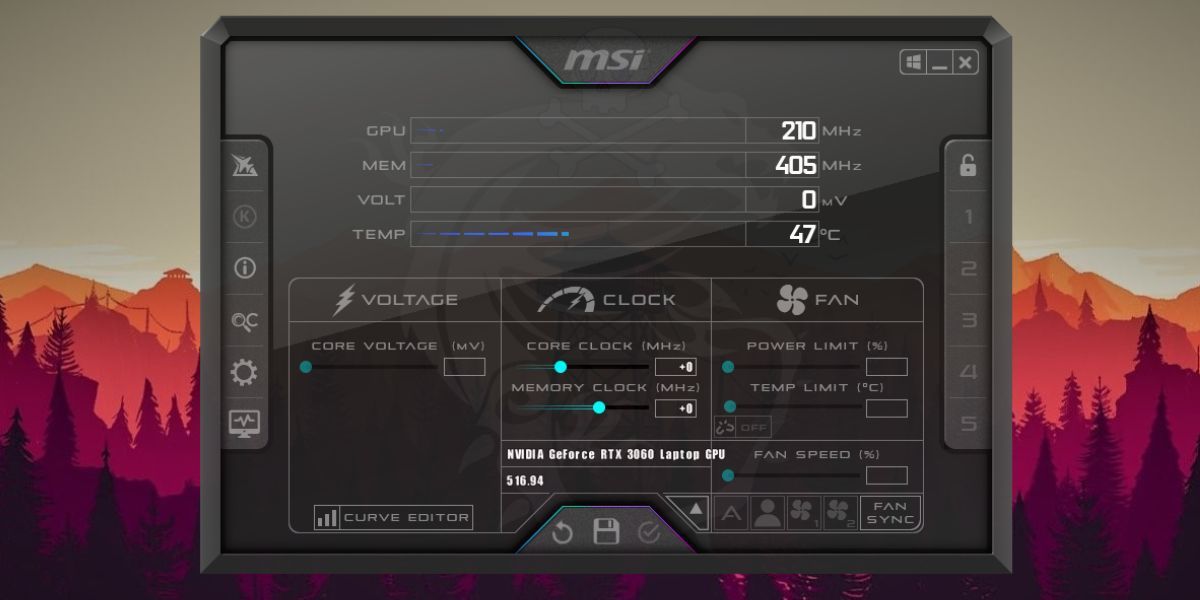 Окно приложения MSI Afterburner с выбранным GPU