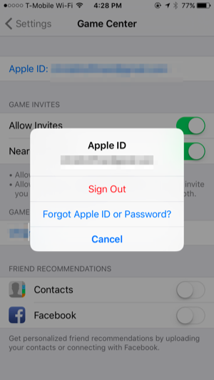 Экран настроек Game Center в iOS с полем Apple ID