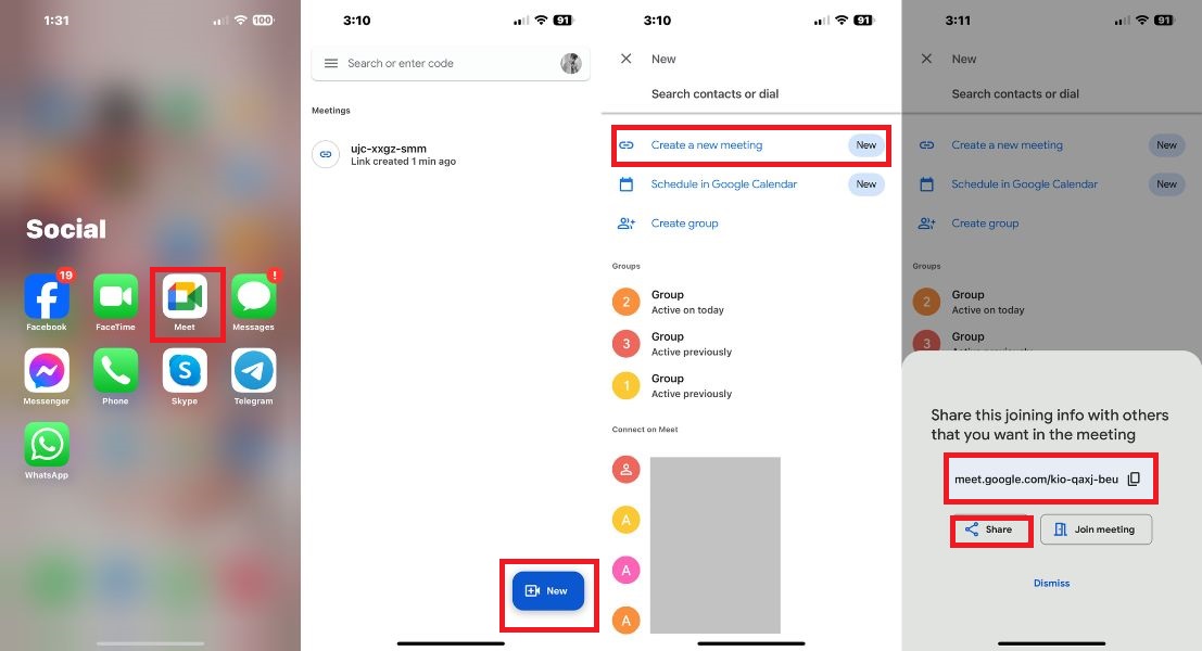 Экран Google Meet с кнопкой создания новой встречи