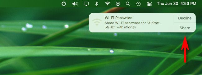Окно macOS с запросом 'Поделиться паролем Wi‑Fi'