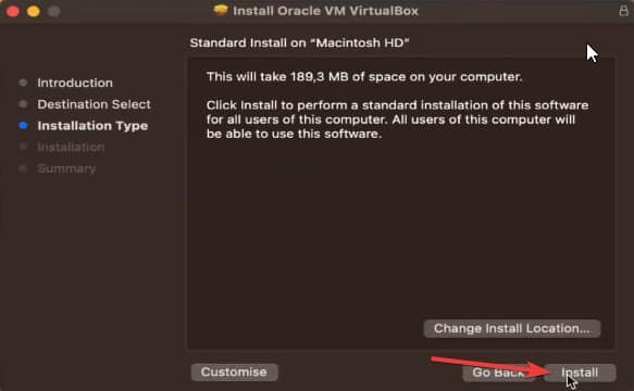 Кнопка Установить в мастере VirtualBox