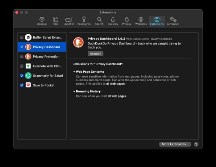 Список установленных расширений в настройках Safari