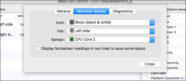 Настройки отображения скорости вентилятора в строке меню