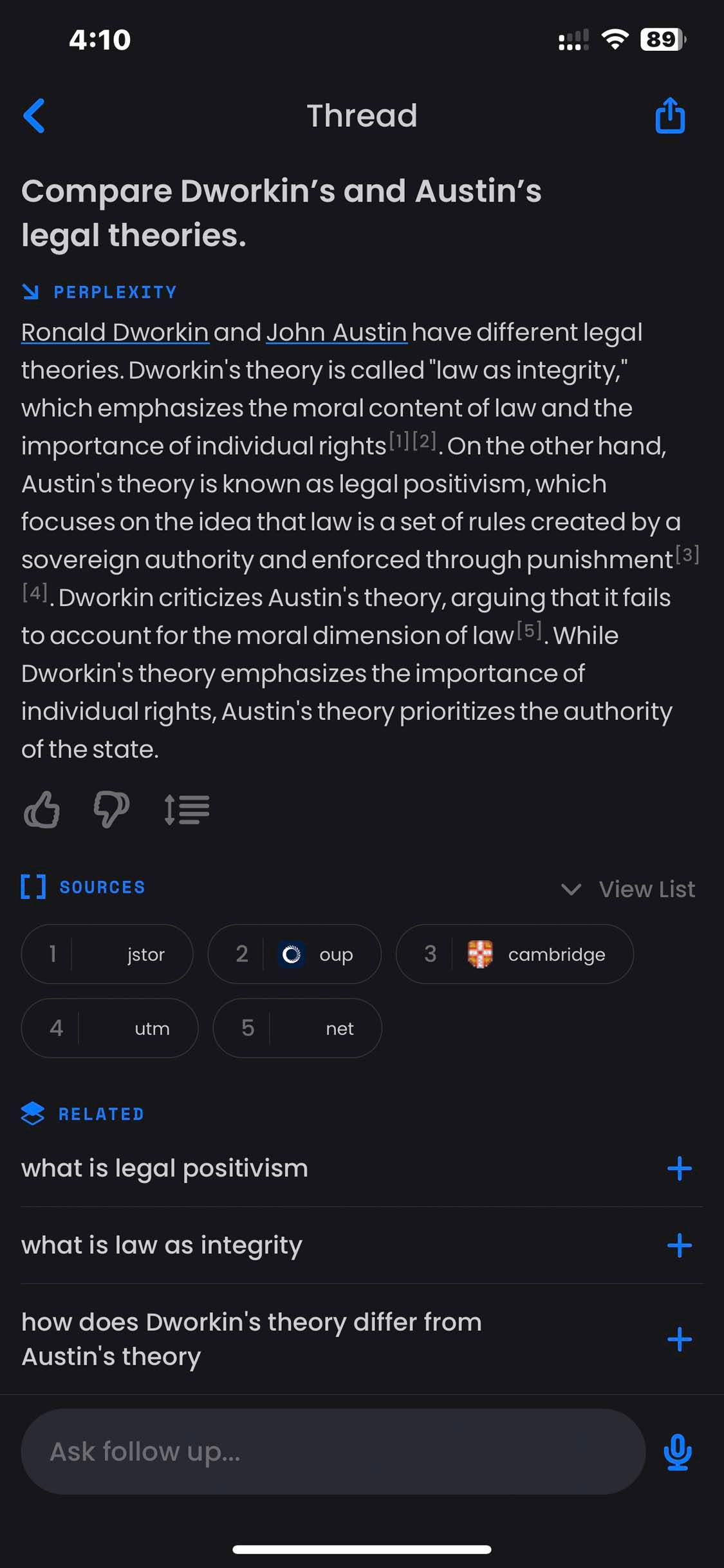 Тред в приложении Perplexity AI
