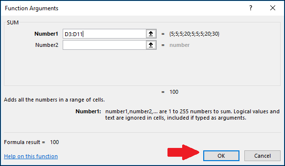 Нажмите OK в окне Аргументы функции