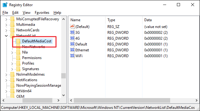 Папка DefaultMediaCost в реестре Windows