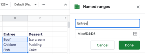Диалог создания именованного диапазона для списка Entree