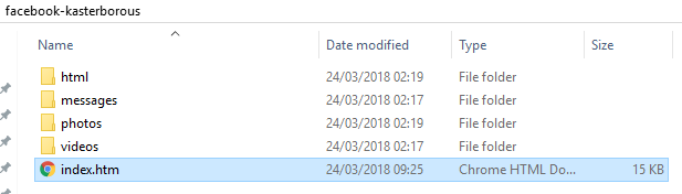 Открытая страница index.htm из архива Facebook с меню разделов