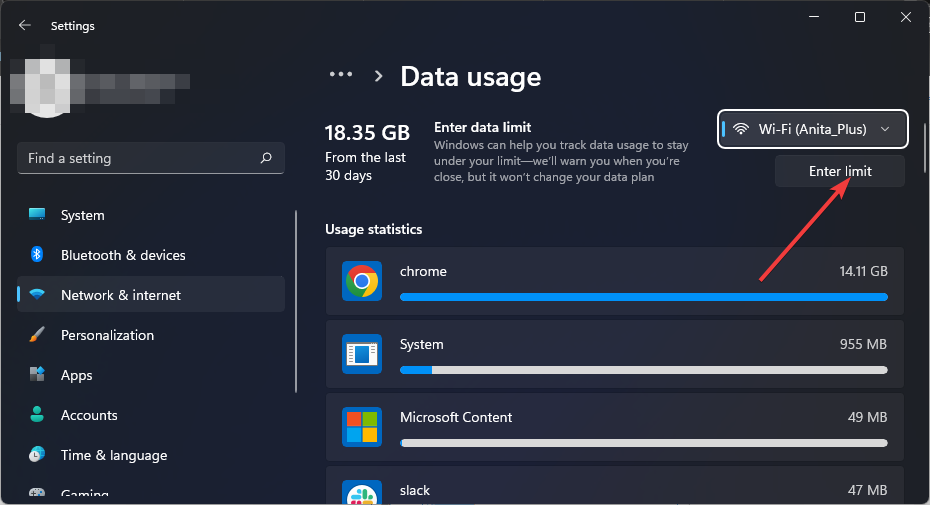 Параметр ввода лимита данных
