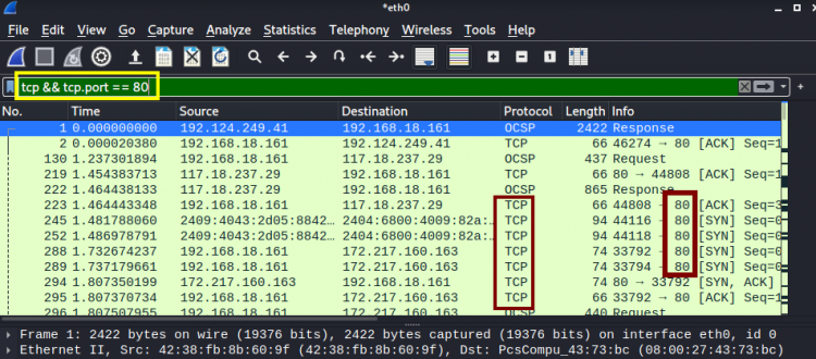 Поле ввода для display фильтра в основной панели Wireshark