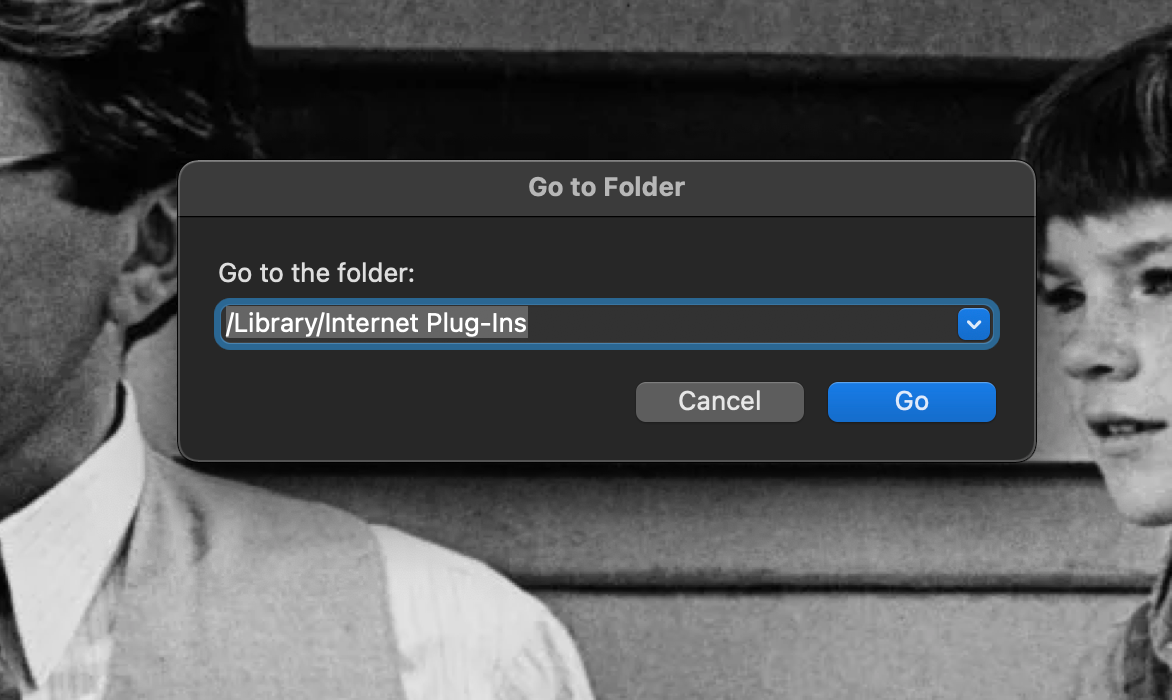 Окно Перейти к папке с заполненным путём