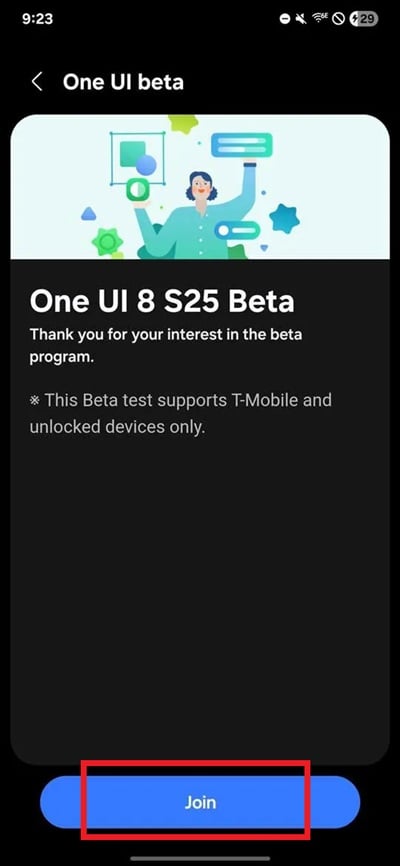 Присоединиться к бета‑программе One UI 8 — экран с кнопкой Join в Samsung Members