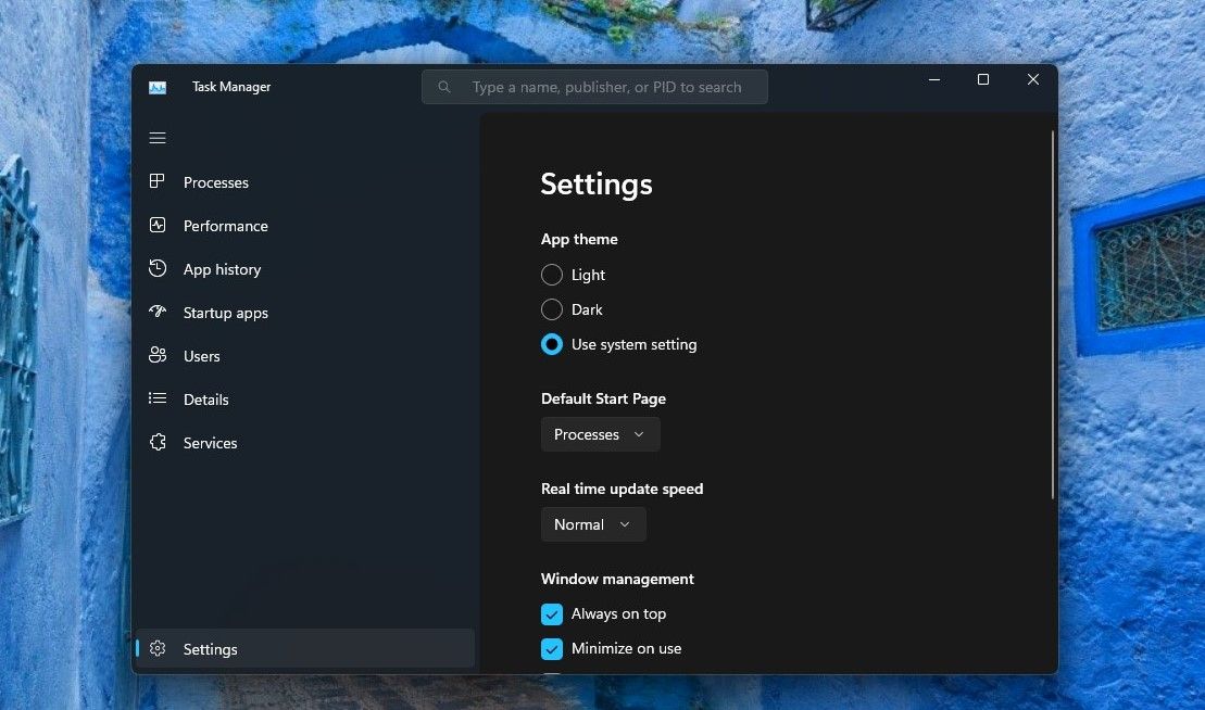 App Theme Setting in Task Manager