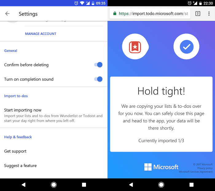 Скриншот процесса импорта из Wunderlist и Todoist в Microsoft To‑Do на мобильном приложении