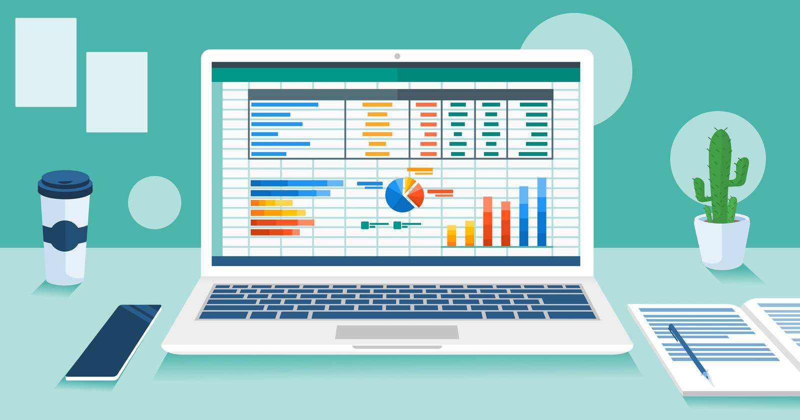 Иллюстрация Excel: таблица на экране ноутбука на рабочем столе