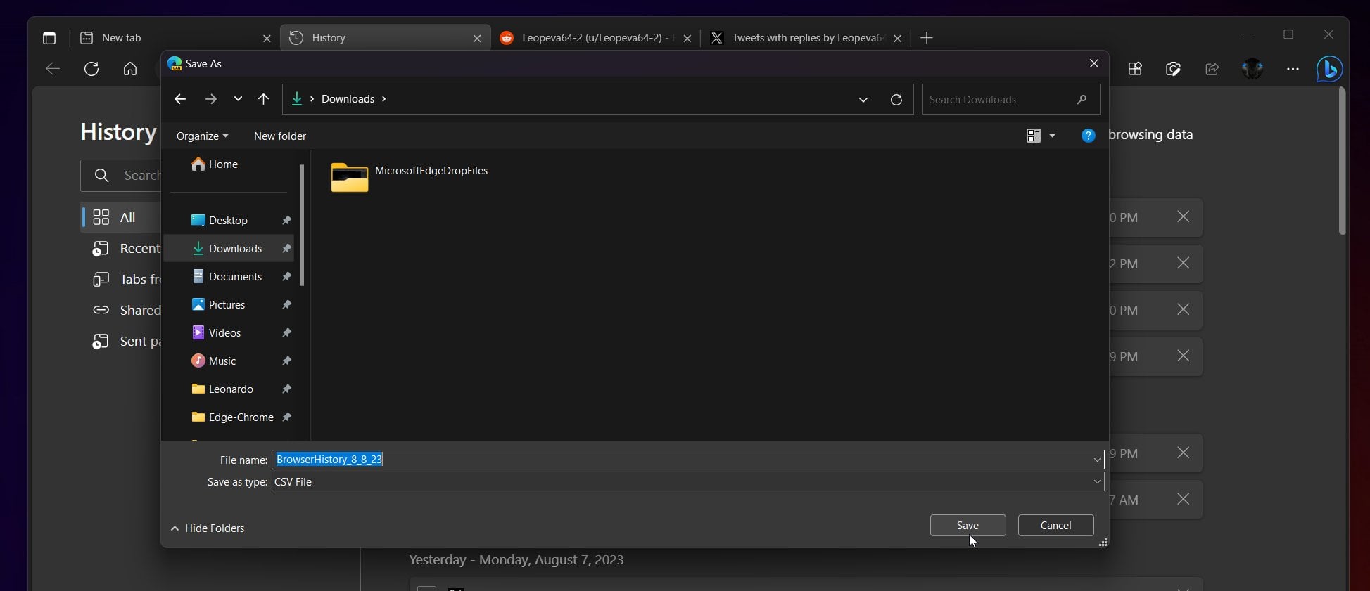 Окно Проводника для сохранения файла с историей Edge