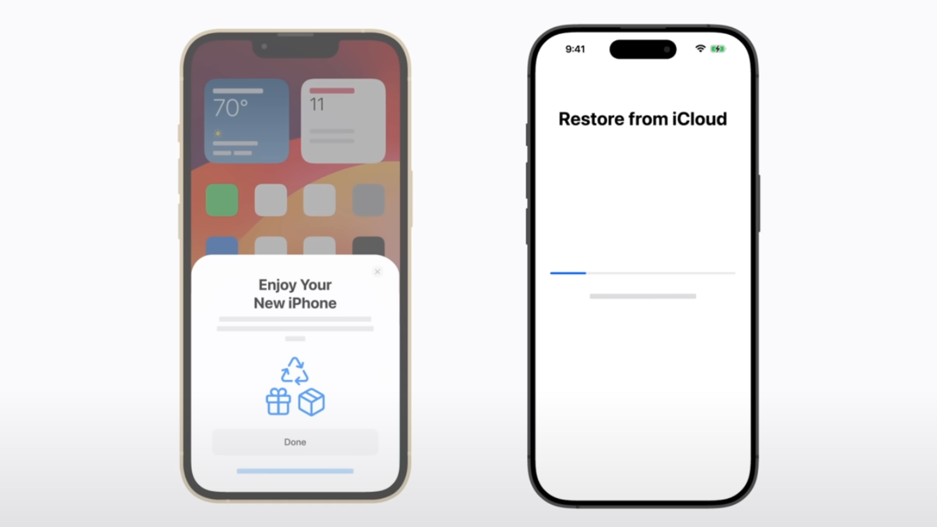Скриншоты опции Перенести из iCloud при восстановлении iPhone.