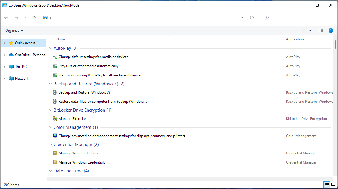 GodMode su Windows 11 aperto