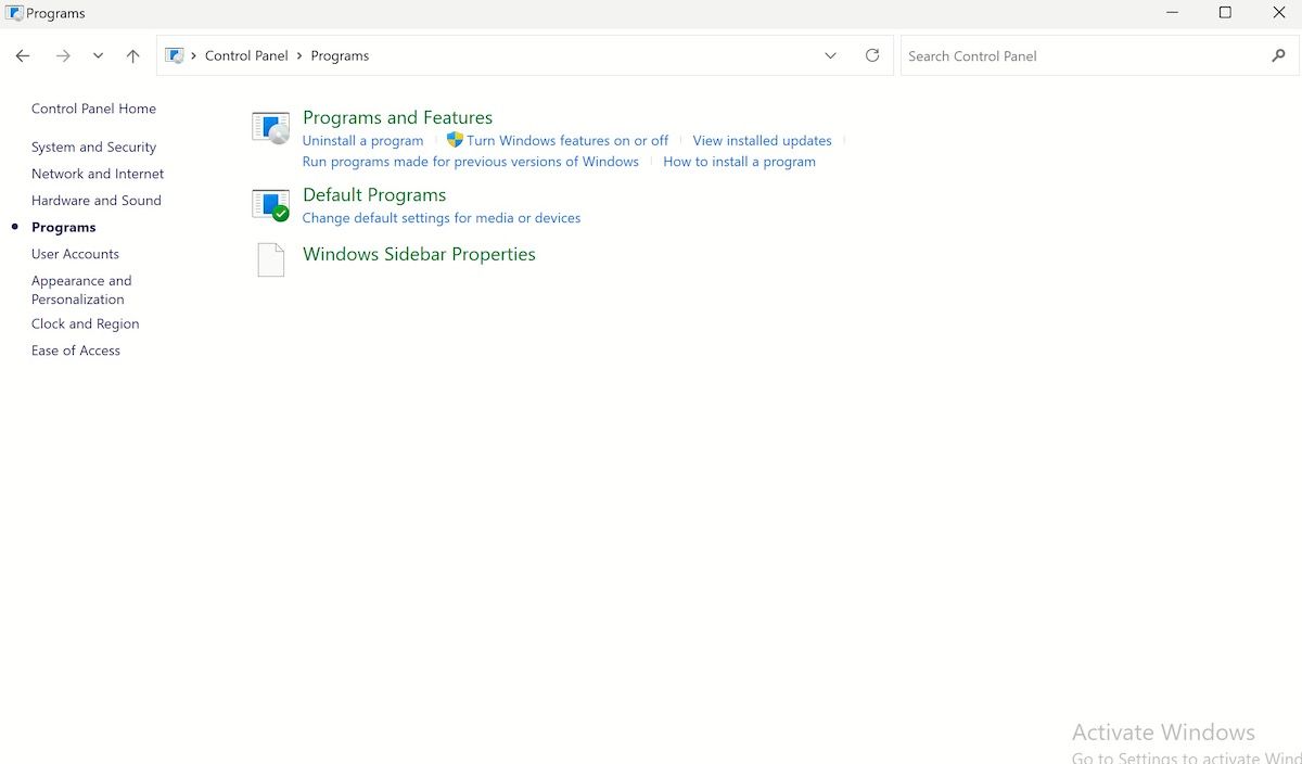 Окно Панели управления Windows