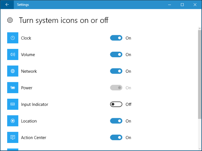 Экран включения или отключения системных значков в Windows 10
