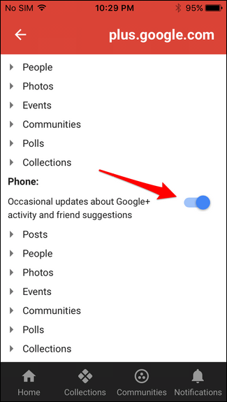 Встроенная веб-страница настроек уведомлений Google+ в приложении iOS