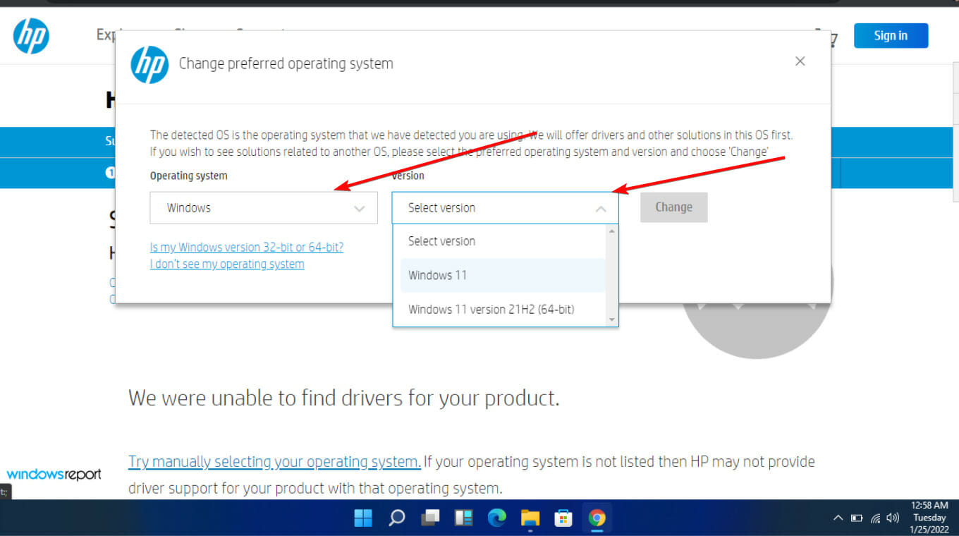 Selezione OS e invio su sito HP