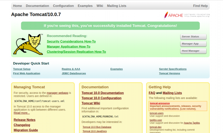 Главная страница Apache Tomcat со ссылкой к менеджеру приложений