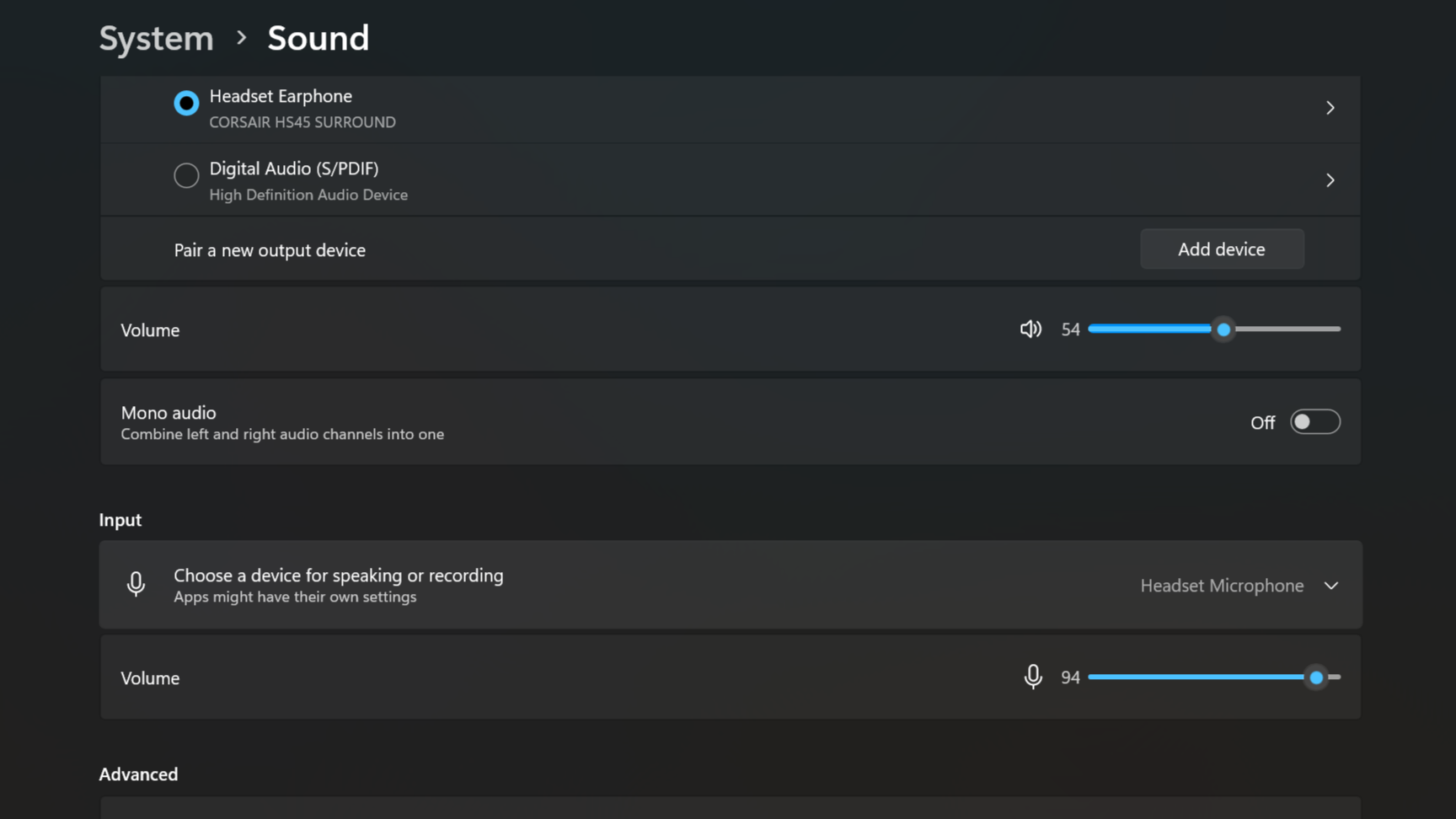 Раздел Ввод в окне параметров звука Windows 11
