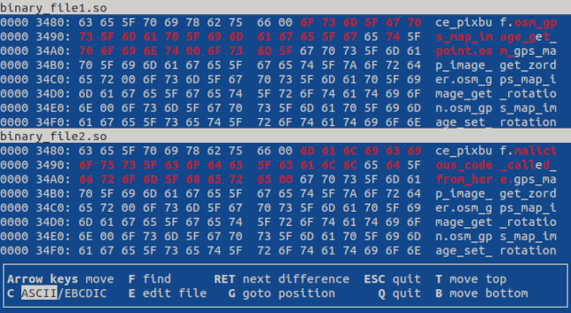 VBinDiff выделяет отличия между файлами