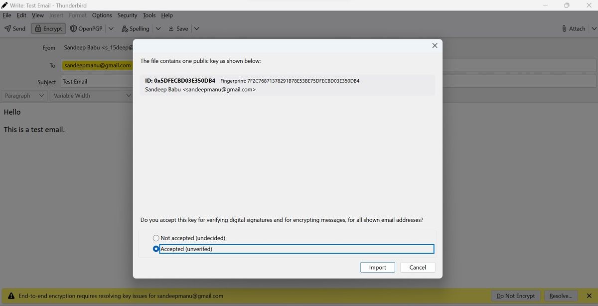 Скриншот окна принятия импортируемого ключа