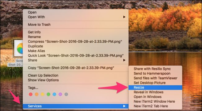 Контекстное меню macOS: раздел 'Сервисы'