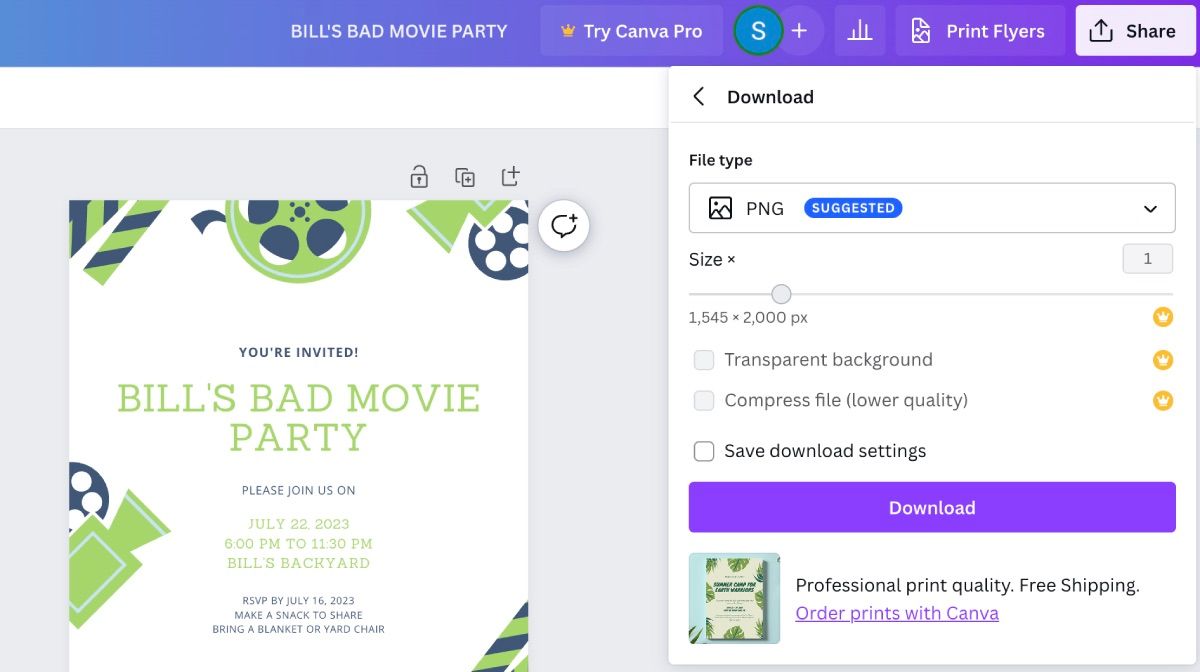 Окно загрузки дизайна в Canva с параметрами формата