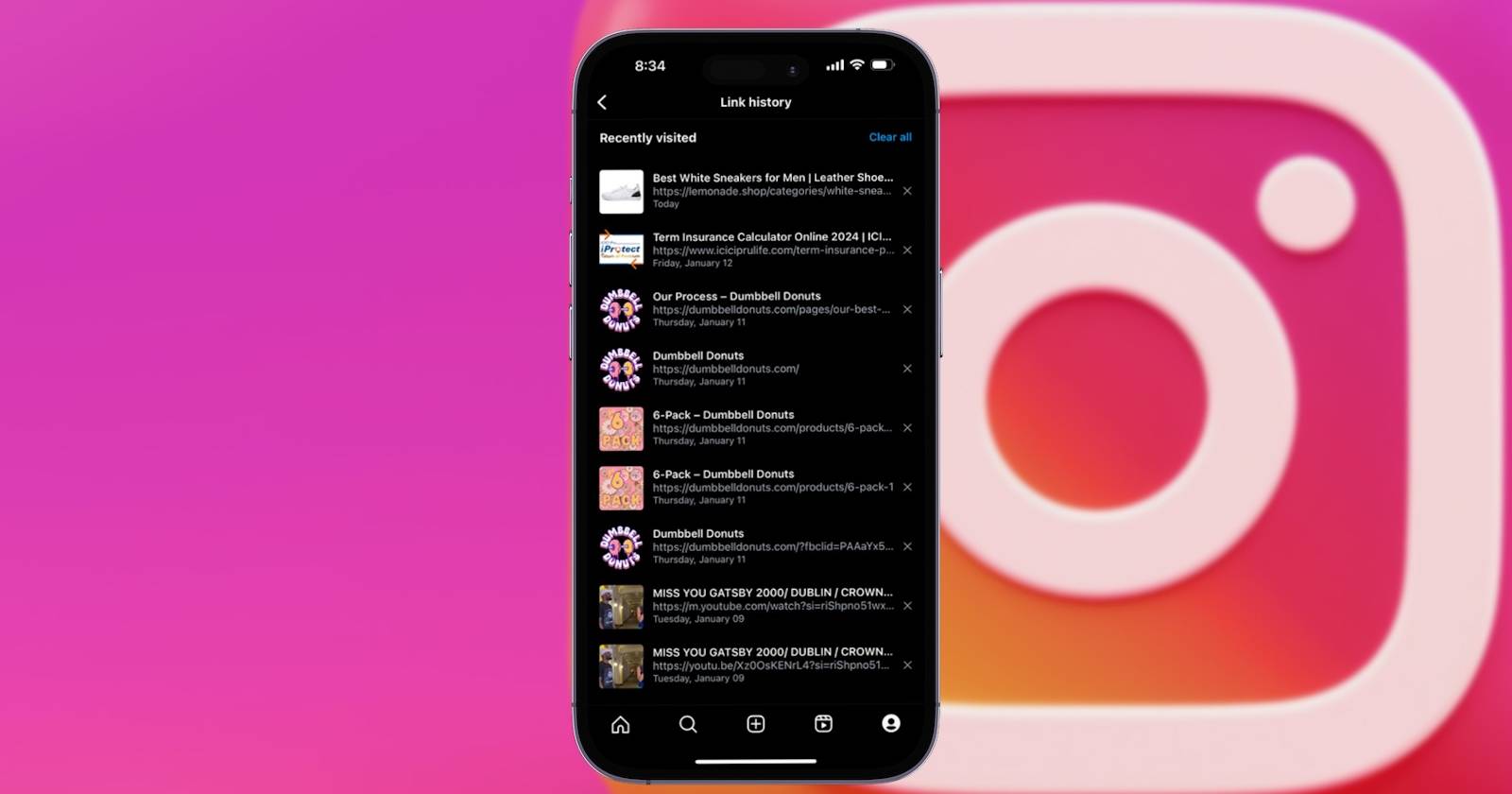 Экран iPhone с функцией «История ссылок» в Instagram на фоне логотипа Instagram