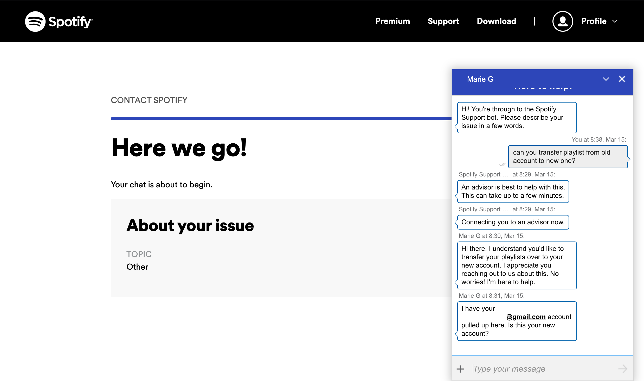 Чат-бот Spotify перенаправляет к агенту поддержки