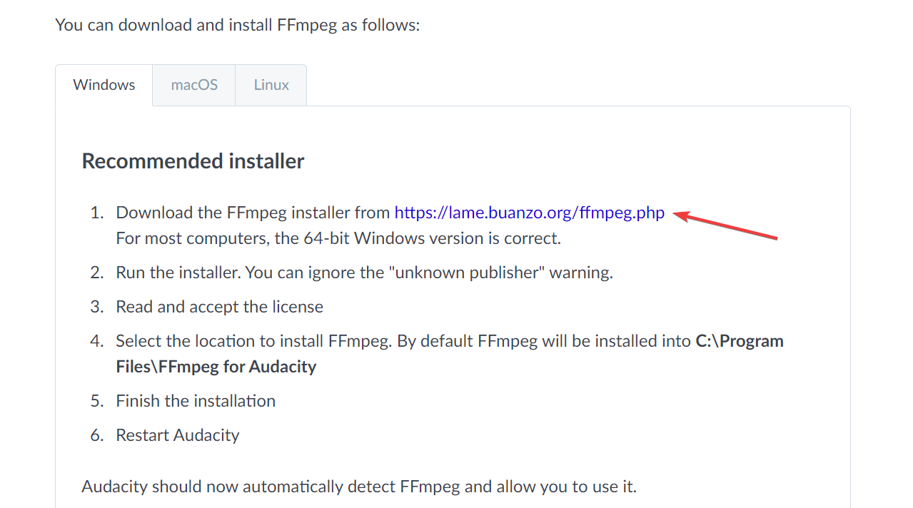 Страница поддержки Audacity: ссылка на загрузку FFmpeg