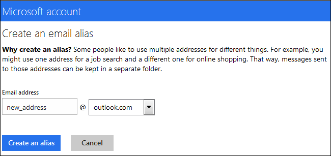 Экран создания псевдонима Outlook.com