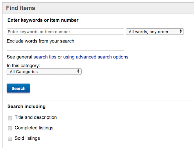 Скриншот расширённого поиска eBay с опциями Проданные и Завершённые лоты