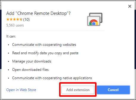 Диалог добавления расширения Chrome Remote Desktop