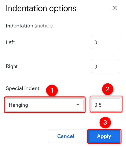 Выбор висячего отступа, указание значения и нажатие Применить.