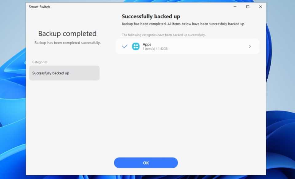 Smart Switch показывает сообщение о завершении резервного копирования Secure Folder на ПК