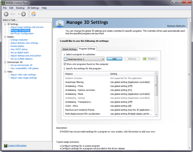 Выбор программ в панели управления NVIDIA