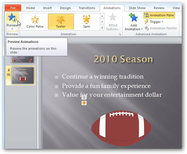 Кнопка Preview для предварительного просмотра анимации