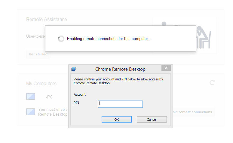 Диалог ввода PIN и подтверждение соединения в Chrome Remote Desktop