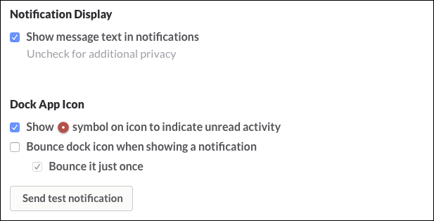Настройки уведомлений Slack для macOS