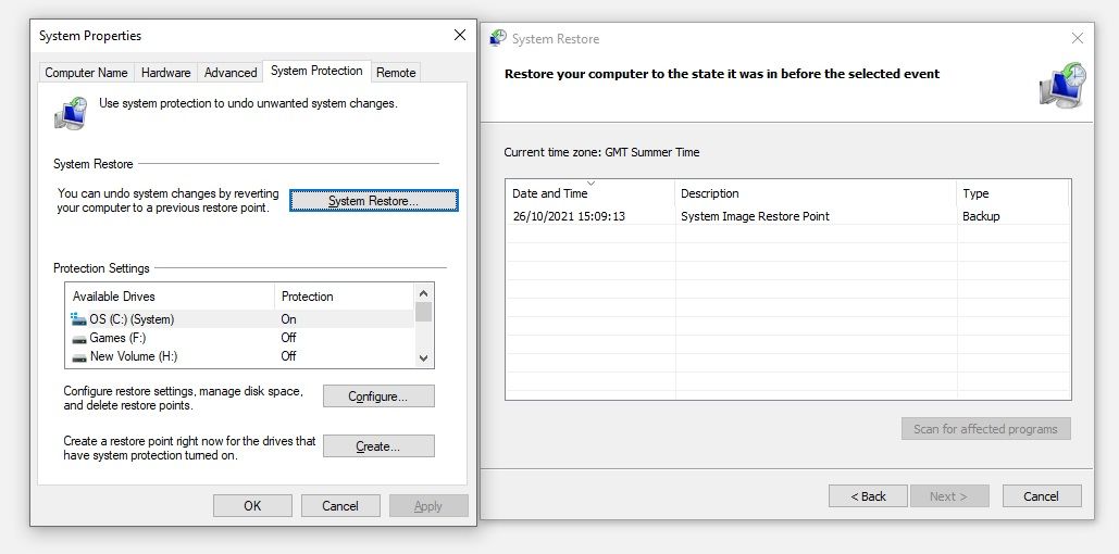 Восстановление системы: выбор точки восстановления