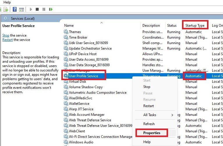 Свойства сервиса User Profile Service в оснастке Службы