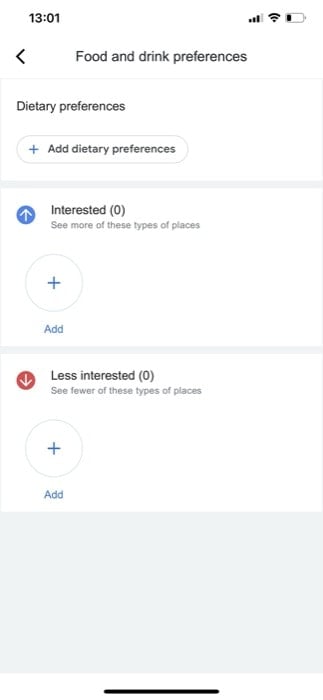 Кнопка Добавить пищевые предпочтения в разделе настроек